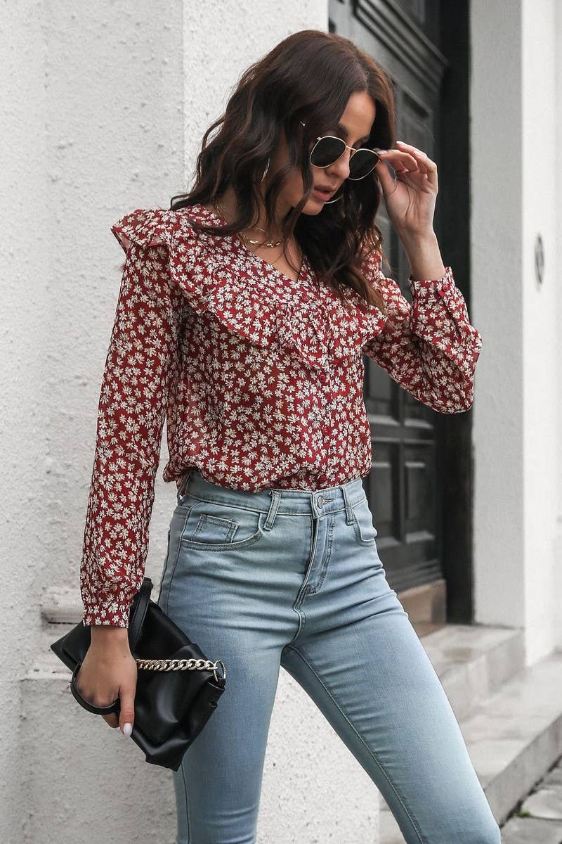 CWTBLL0708_V-Neck Ruffle Long Sleeve Print Blouse