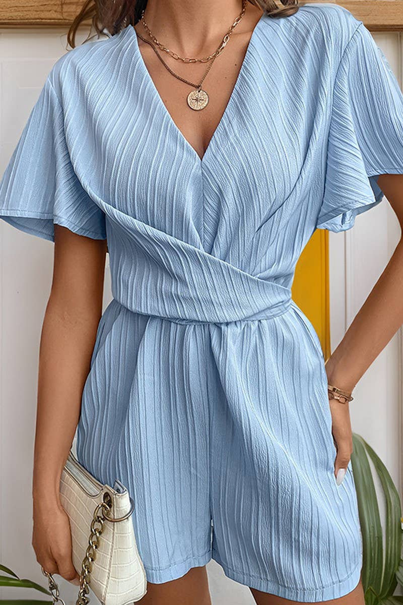 CWSJS0871_RUFFLE SLEEVE TEXTURED LACE-UP JUMPSUIT