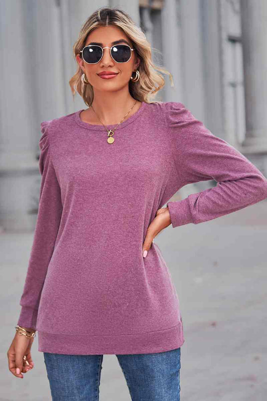 CWTBLL2844_LOOSE CREW-NECK PLEATED LONG-SLEEVED TOP