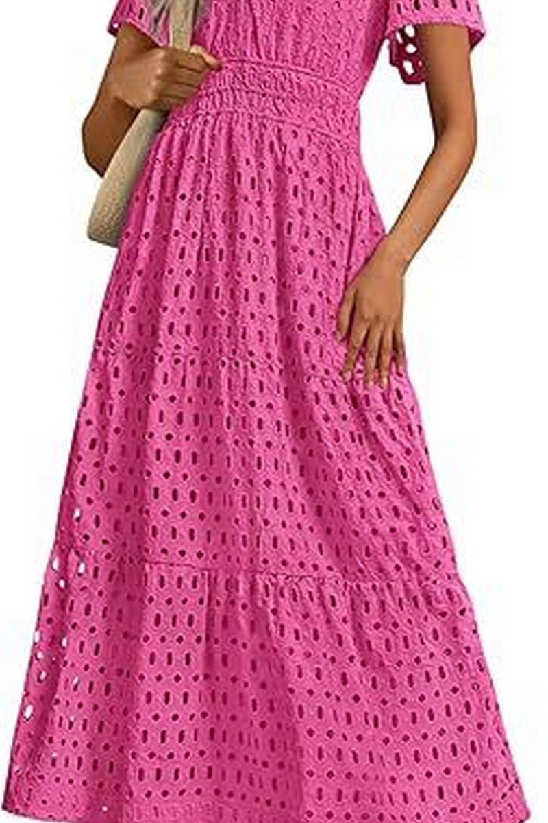 CWDMD6339_V-NECK HOLLOW EYELET PLEATED SHORT SLEEVE DRESS