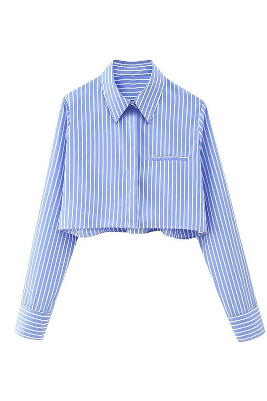 CWTSTL2451_STRIPED LAPEL SINGLE BREASTED CROPPED NAVEL SHIRT