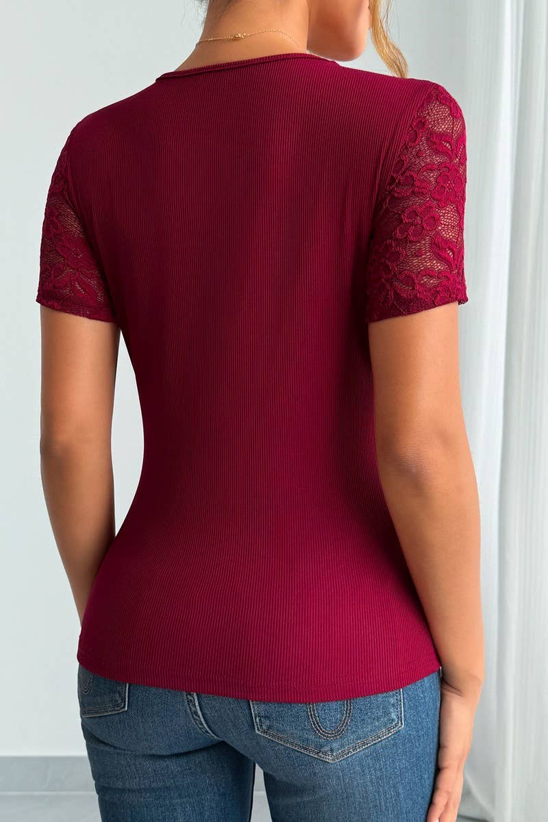 CWTBLS2124_V-NECK LACE PANEL SHORT SLEEVE TOP