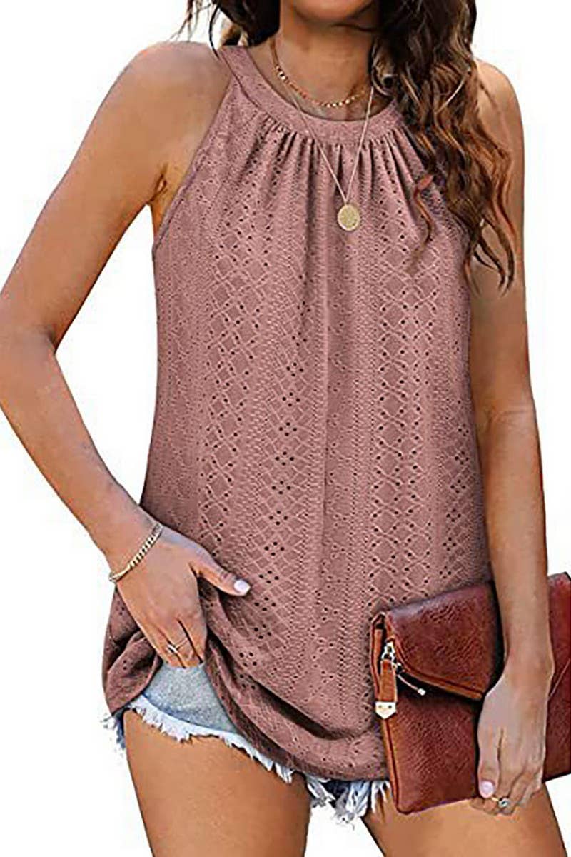 CWTTSL00214_SUMMER NEW ROUND NECK VEST HOLLOW SLEEVELESS TOP