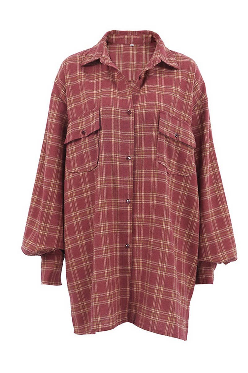 CWTSTL2598_RETRO RED PLAID LOOSE LONG-SLEEVED SHIRT