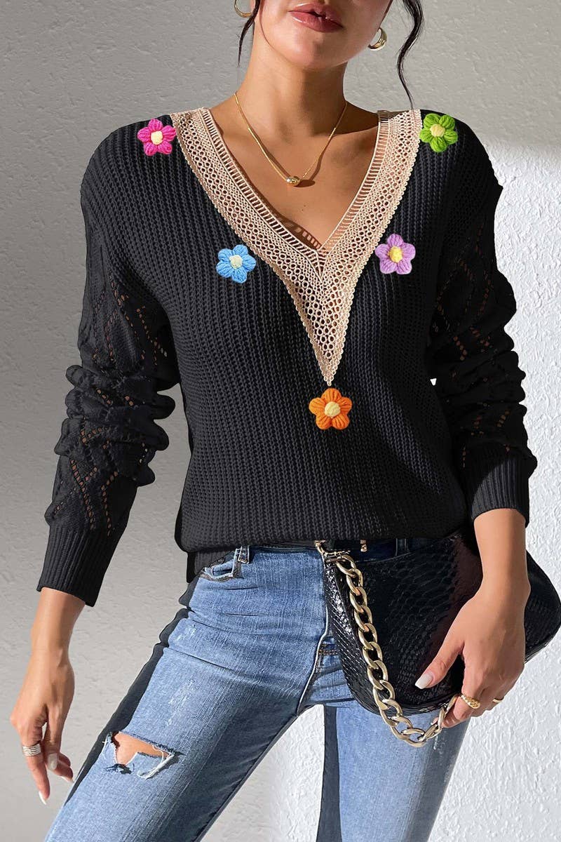 CWOSWL07385_WOMEN LACE V NECK COLOR BLOCK KNIT TOP
