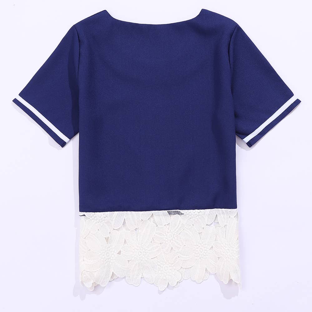Crew-neck fashion short-sleeved lace T-shirt