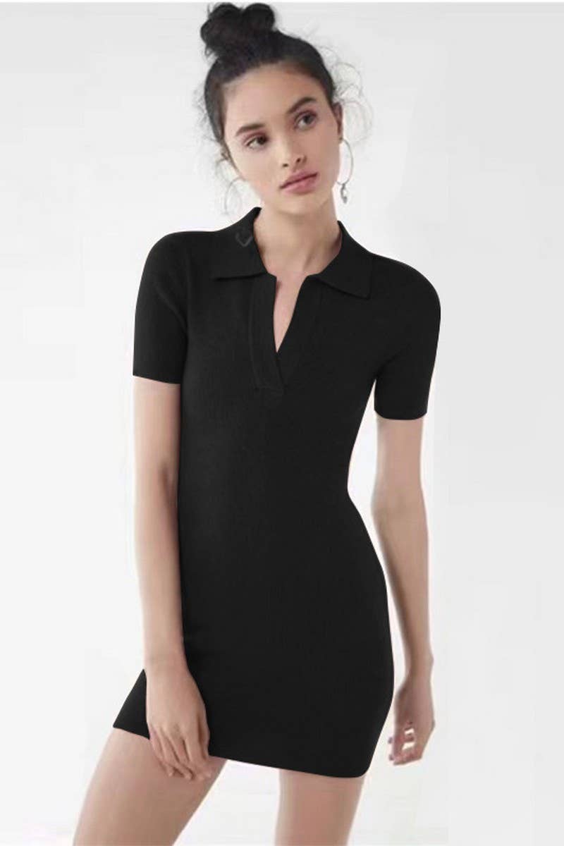 CWDSD7459_RIBBED DEEP V LAPEL SHORT SLEEVE BODYCON DRESS