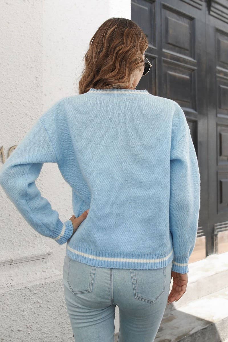 CWOSWL3896_SKULL JACQUARD V-NECK LONG SLEEVE KNITTED SWEATER