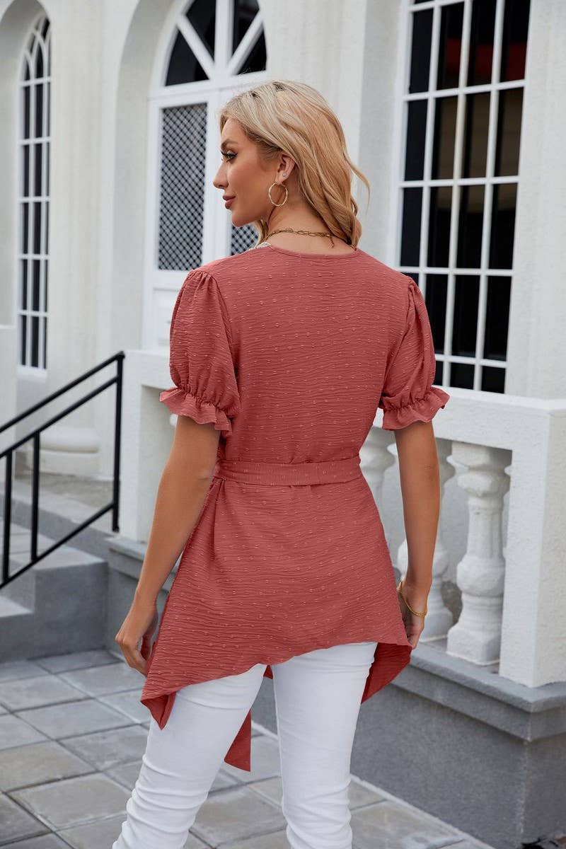 CWTBLS0445_V-Neck Short Sleeve Lace Trim Top