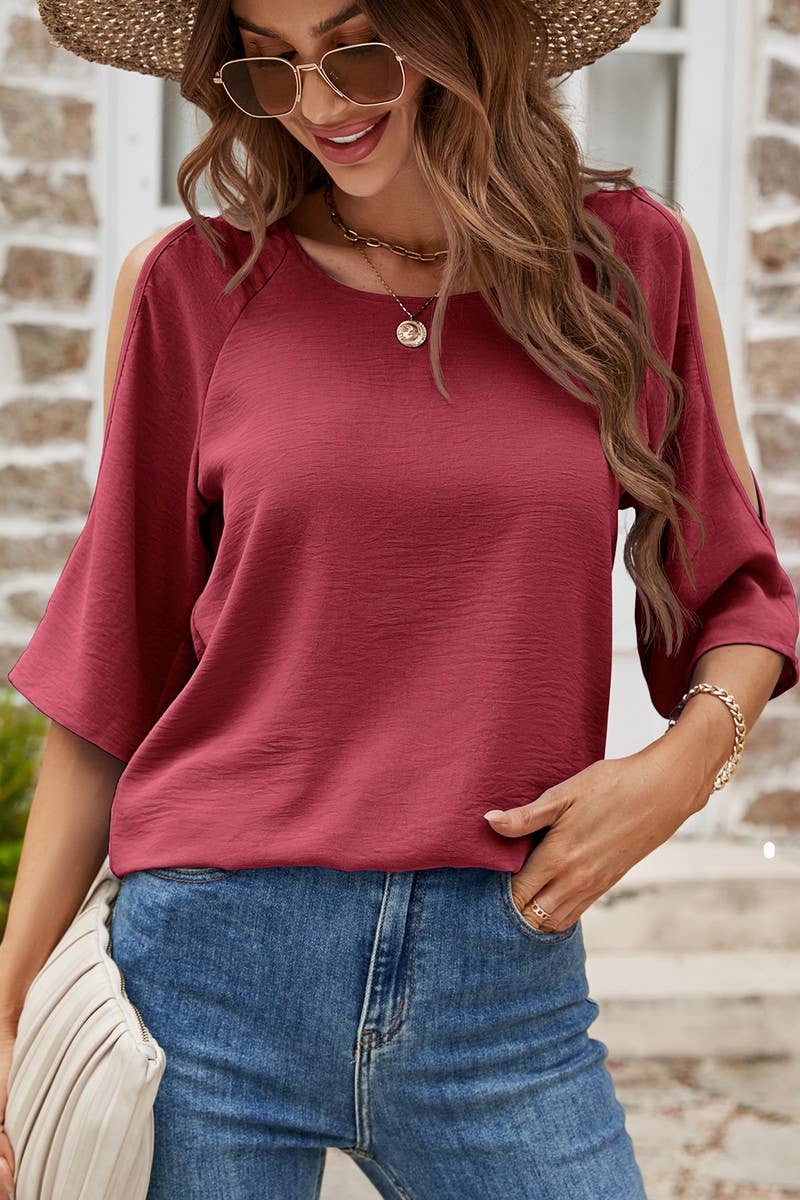 CWTBLS0365_Round neck  Short Sleeve Blouse