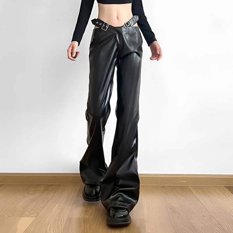 Button-up waist cutout PU leather casual pants