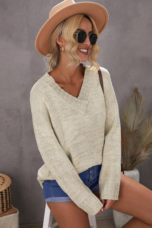 CWOSWL6719_SOLID COLOR V-NECK LONG-SLEEVED SWEATER