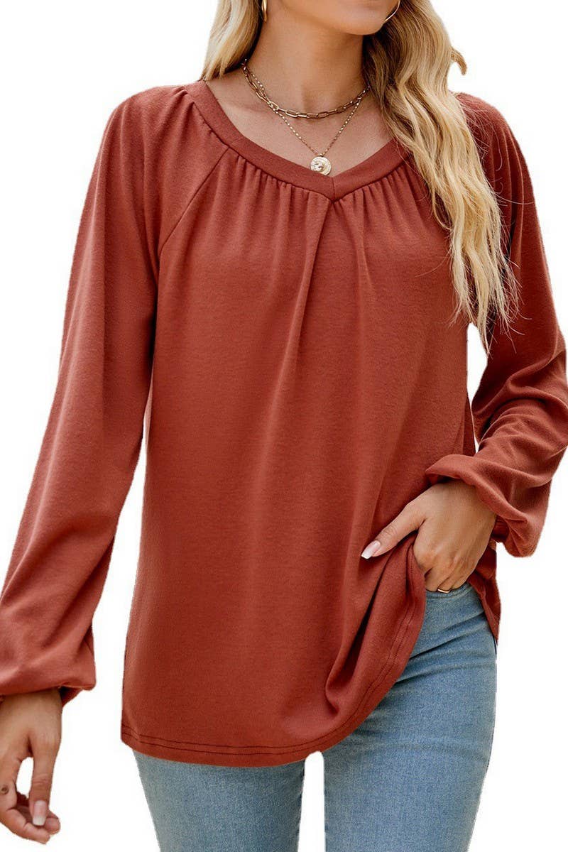 CWTBLL2413_SOLID COLOR LONGSLEEVE V-NECK PLEATED T-SHIRT TOP