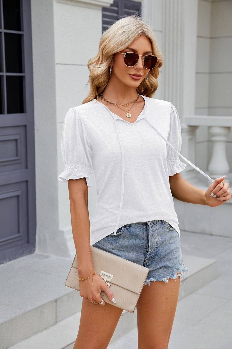 CWTTS0845_V-Neck Ruffle Short Sleeve Blouse