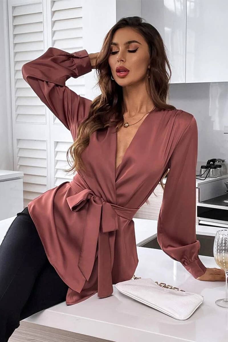 CWTBLL3934_V-NECK SOLID COLOR DRAWSTRING ASYMMETRIC HEM SHIR