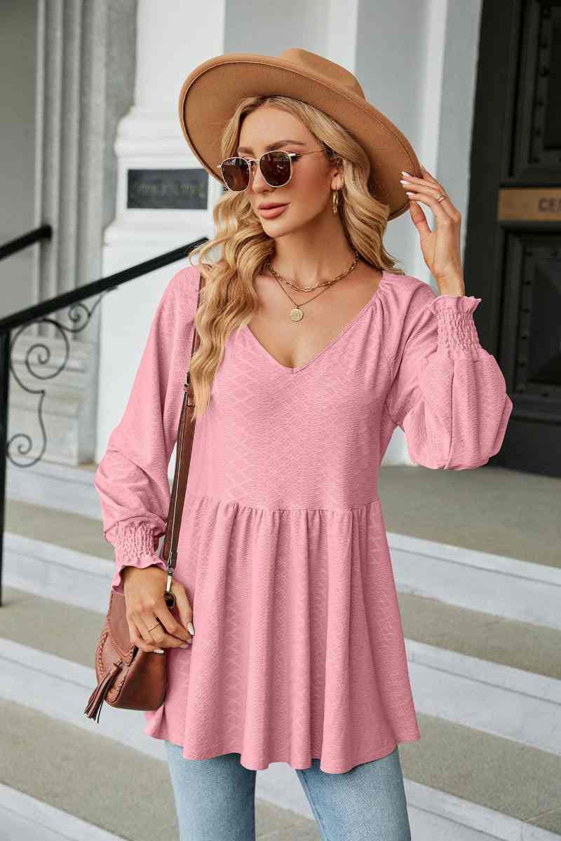 CWTBLL2836_V-NECK LONG SLEEVE PATCHWORK DRESS TOP