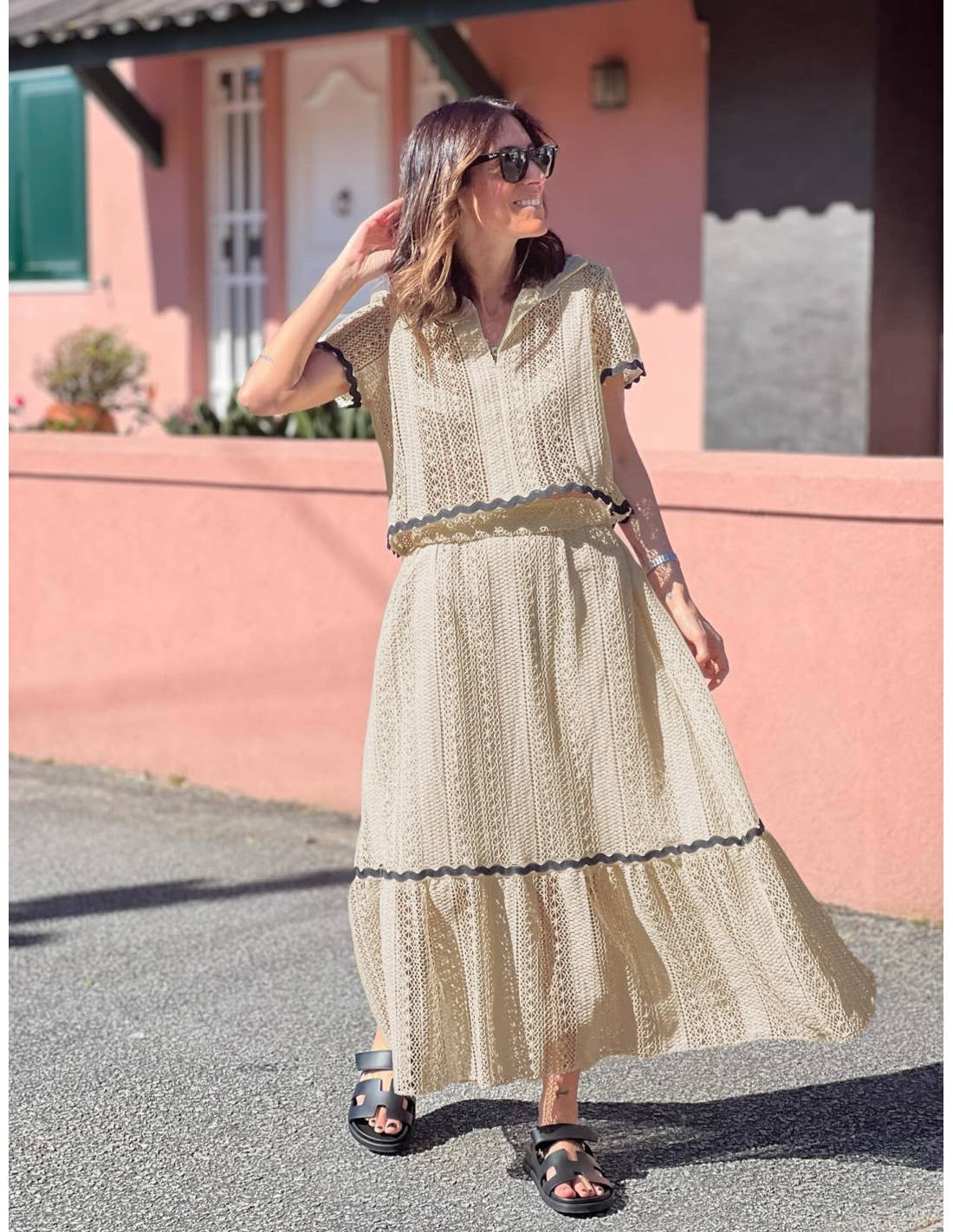 Comfortable shirt collar lace long skirt set