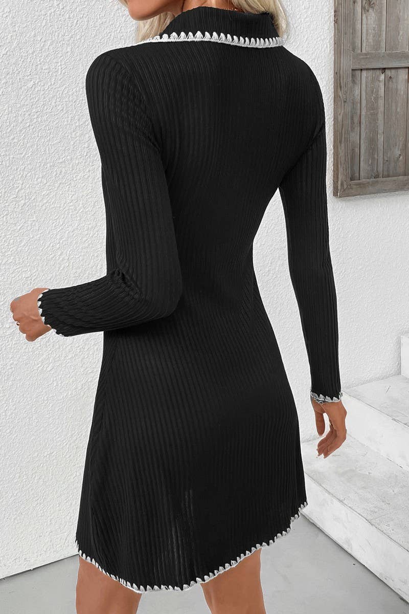 CWDSD10597_CONTRAST-EDGED KNITTED SLIM-WAIST A-LINE DRESS