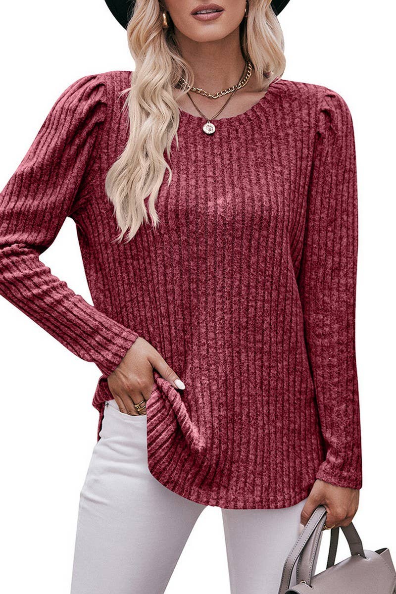 CWTBLL1832_ROUND NECK PUFF SLEEVE RIBBED SOLID COLOR TOP