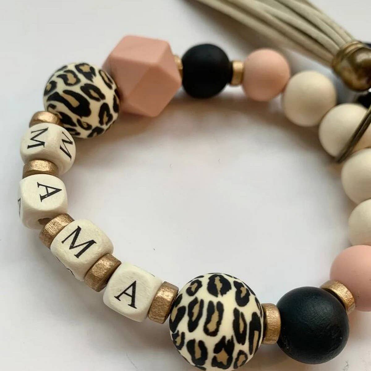 MAMA LETTER LEOPARD BEAD BRACELET WITH TASSELS