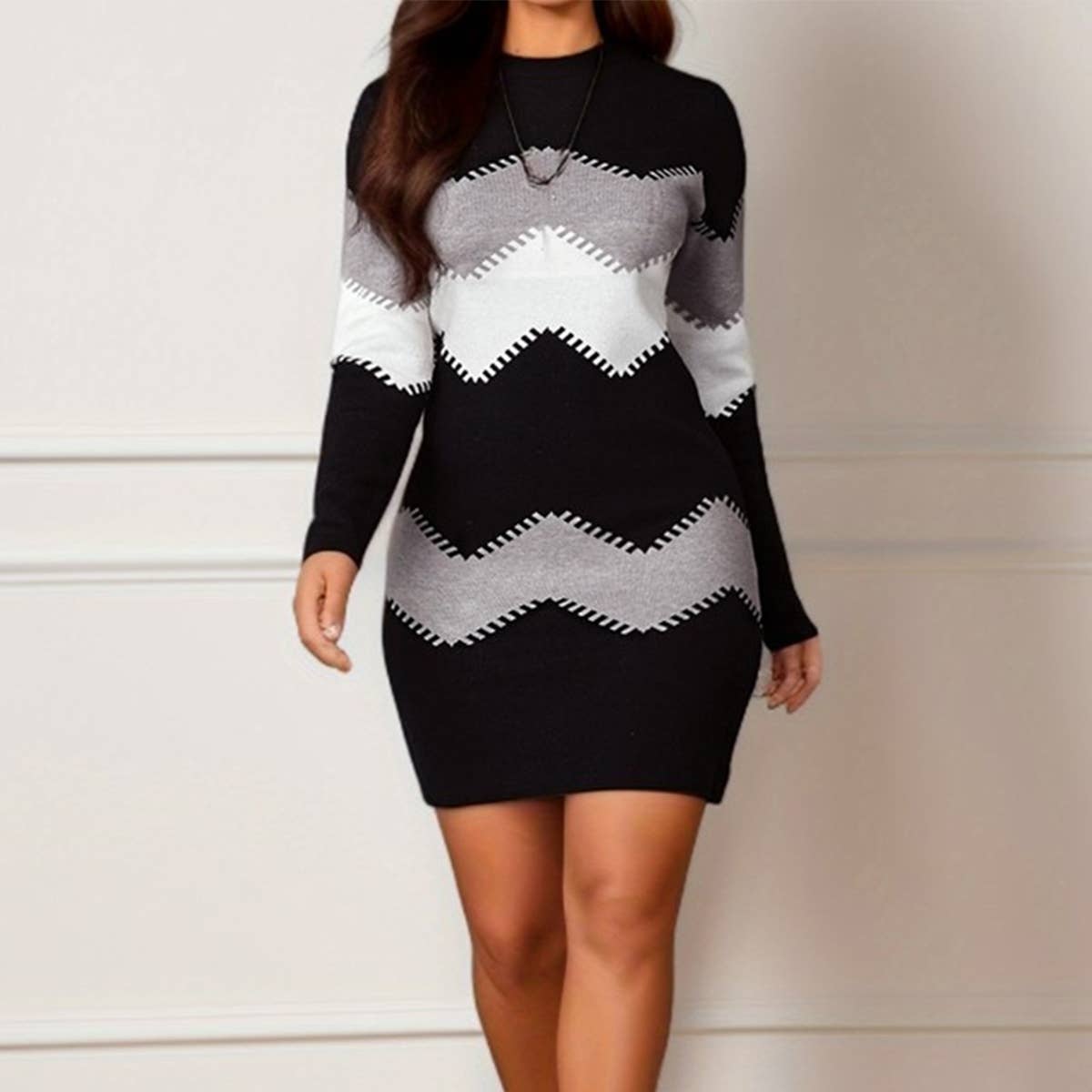CREW-NECK LONG-SLEEVED KNIT DRESS WITH HIP WRAP