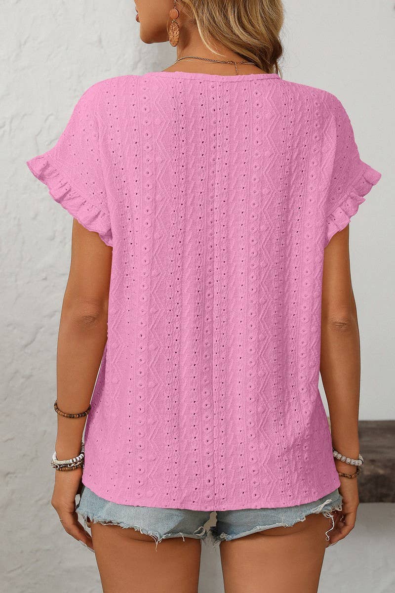 CWTBLS1710_SOLID COLOR ROUND NECK SHORT SLEEVE HOLLOW TOP