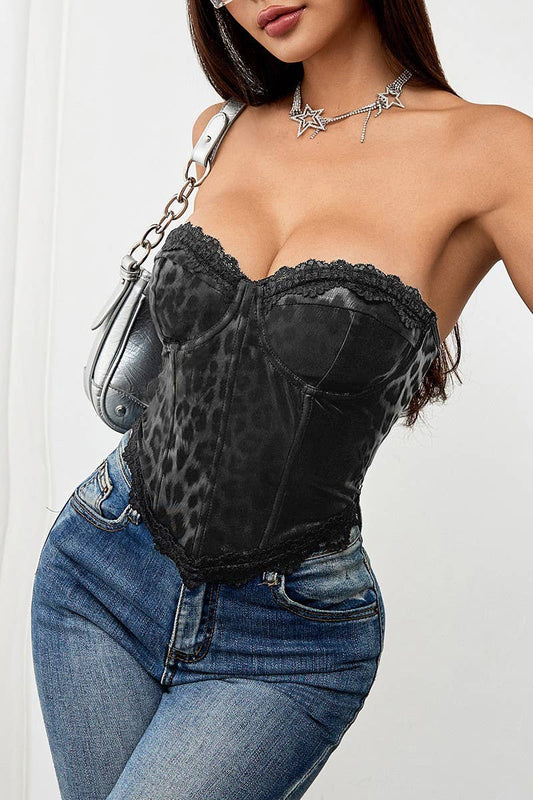 CWTTT0058_LEOPARD-PANEL LACE HERRINGBONE CORSET