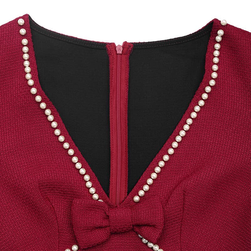 Bow pearl deep V-neck long-sleeved dress