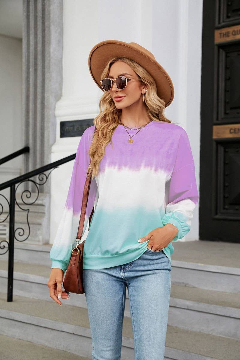 CWTBLL2414_TIE-DYE CONTRAST COLOR CREW NECK LONG SLEEVE TOP