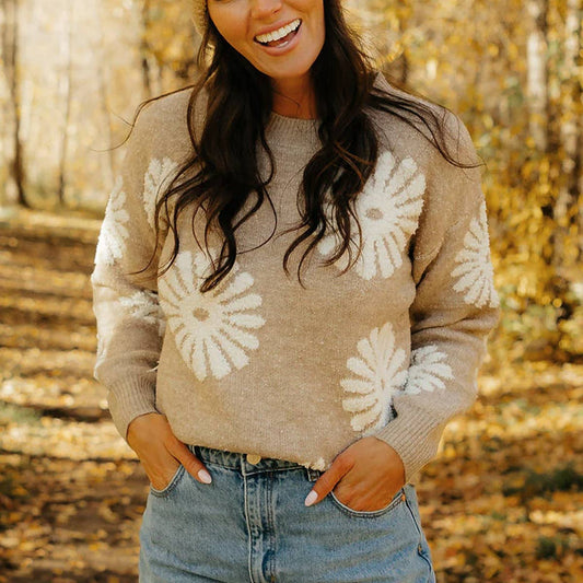 FLORAL KNIT CASUAL PULLOVER SWEATER FOR WOMEN