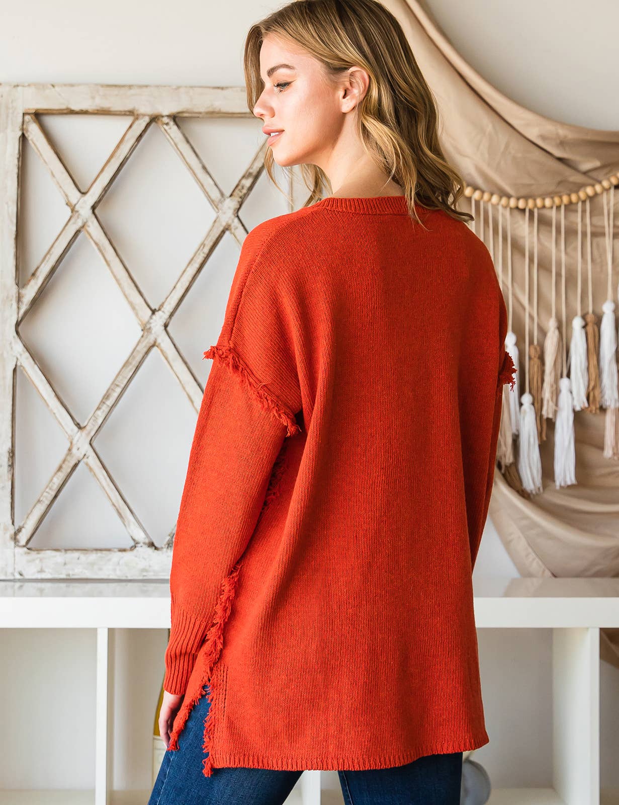 CWOSWL1832_BUTTON DOWN FRINGE SHOULDER SWEATER KNIT TOP