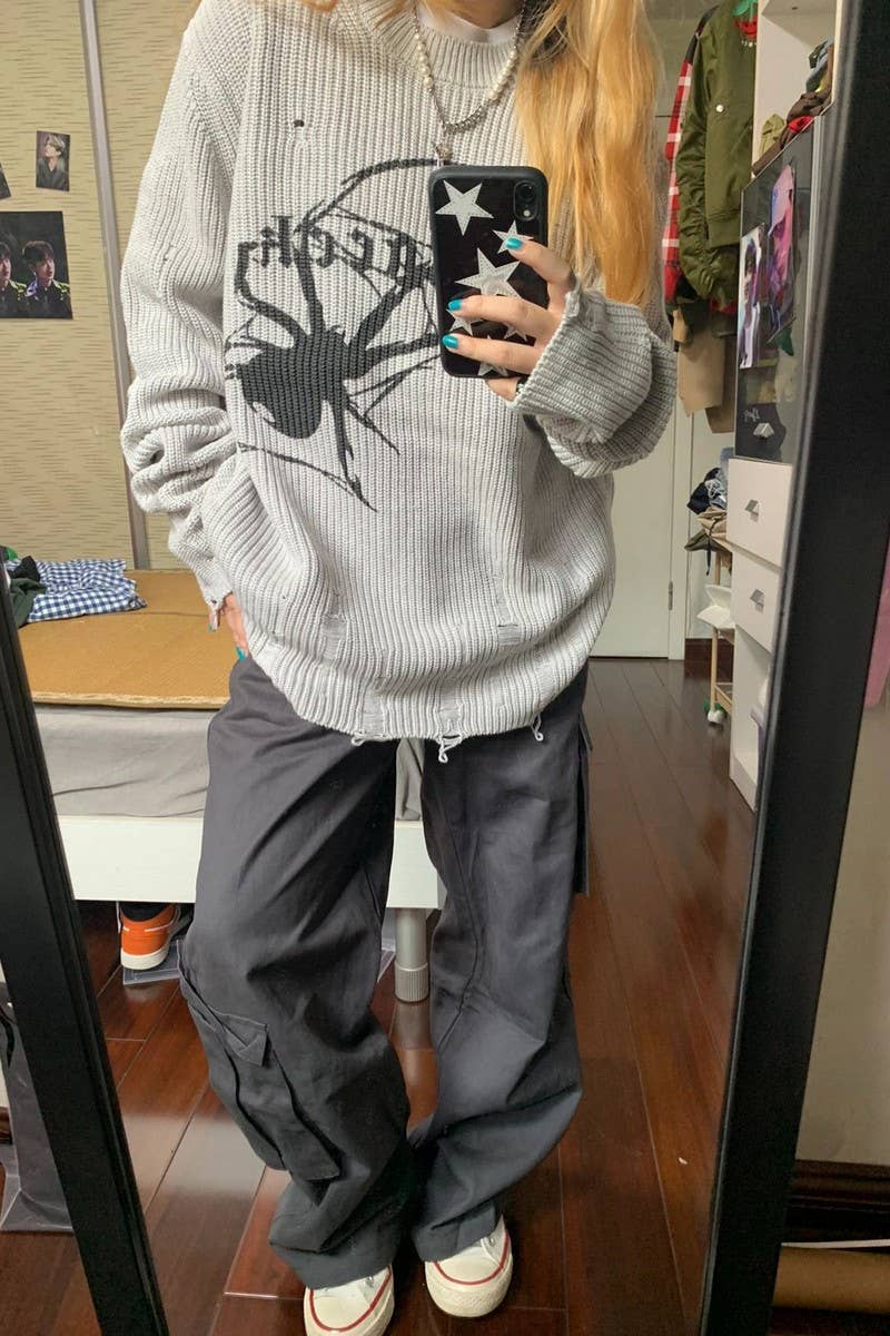 CWOSWL5746_PRINTED LONG SLEEVE CASUAL RIPPED KNIT SWEATER