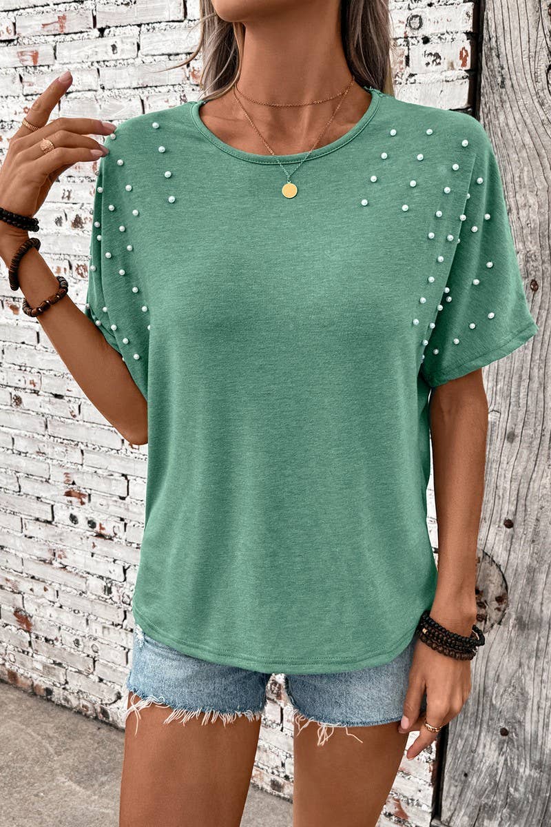 CWTBLS1998_BACKLESS SOLID BEADED CREW NECK CASUAL T-SHIRT