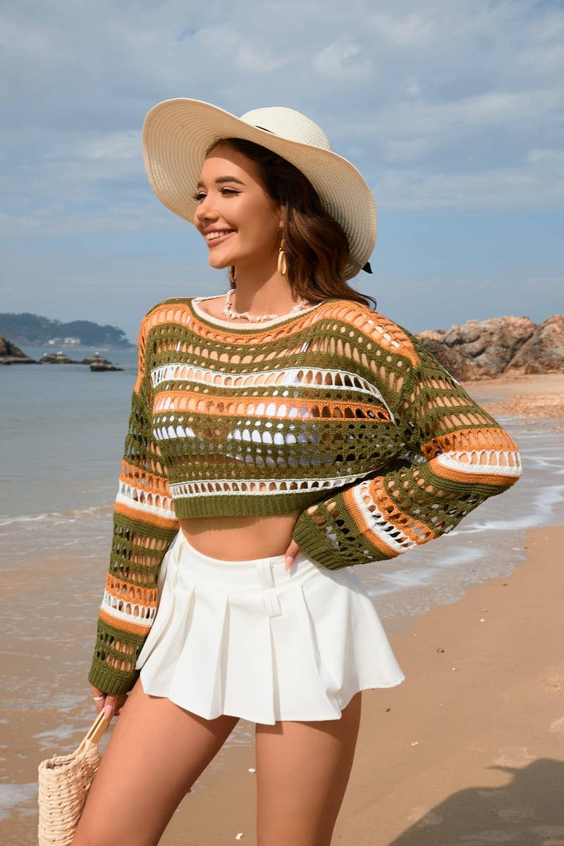 CWTTL1735_Vacation Style Hollow Beach Long Sleeve Knit Top