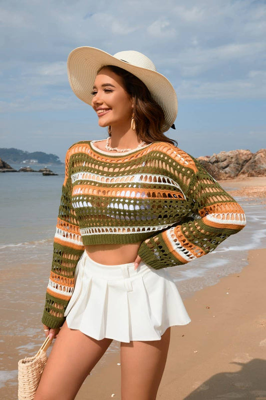 CWTTL1735_Vacation Style Hollow Beach Long Sleeve Knit Top