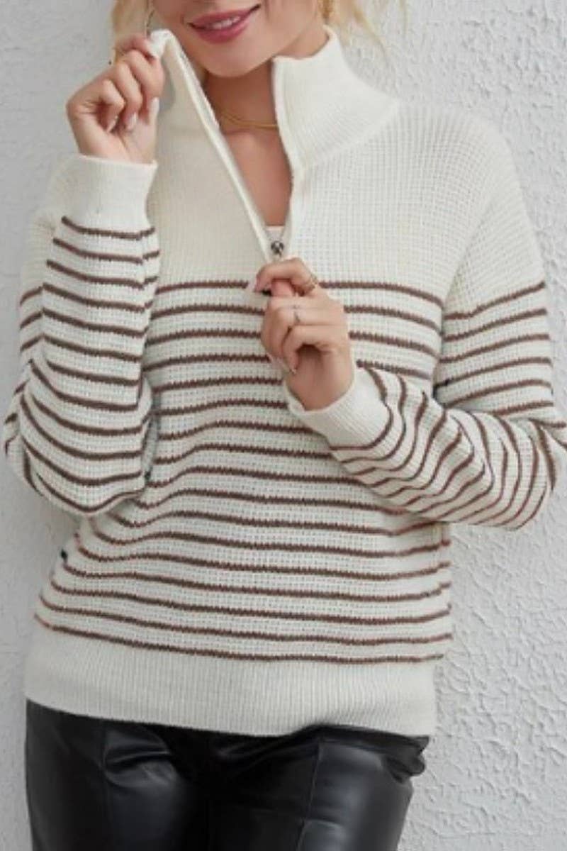 CWOSWL6266_TURTLENECK STRIPED COLORBLOCK ZIP-UP SWEATER