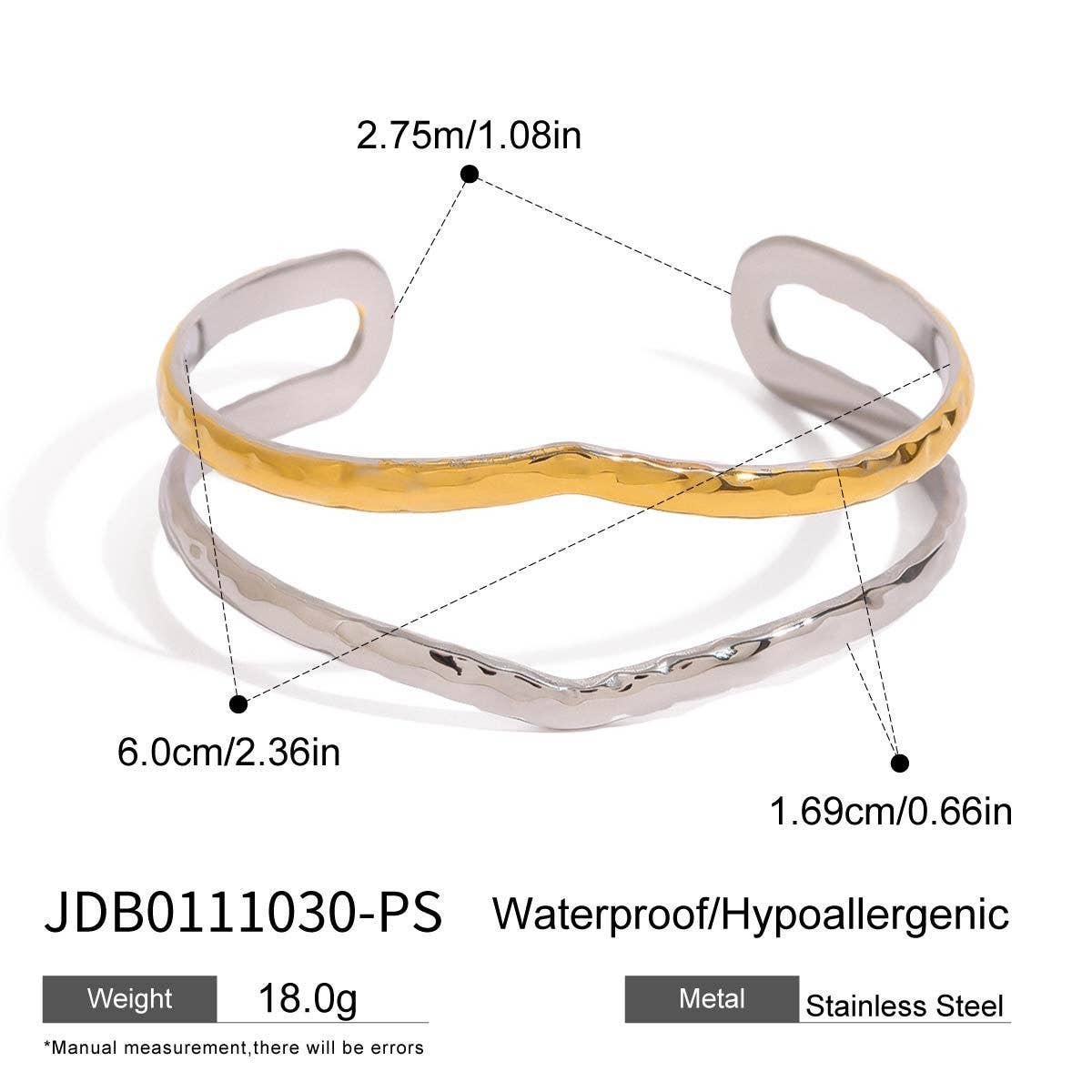 18K Gold Silver Hammered Double Layer Cuff_