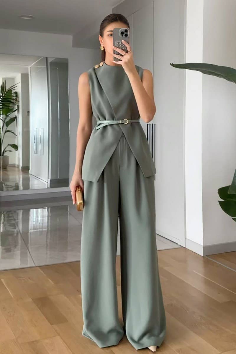CWSTB2156_SLEEVELESS CREW NECK TOP & WIDE-LEG PANTS SET
