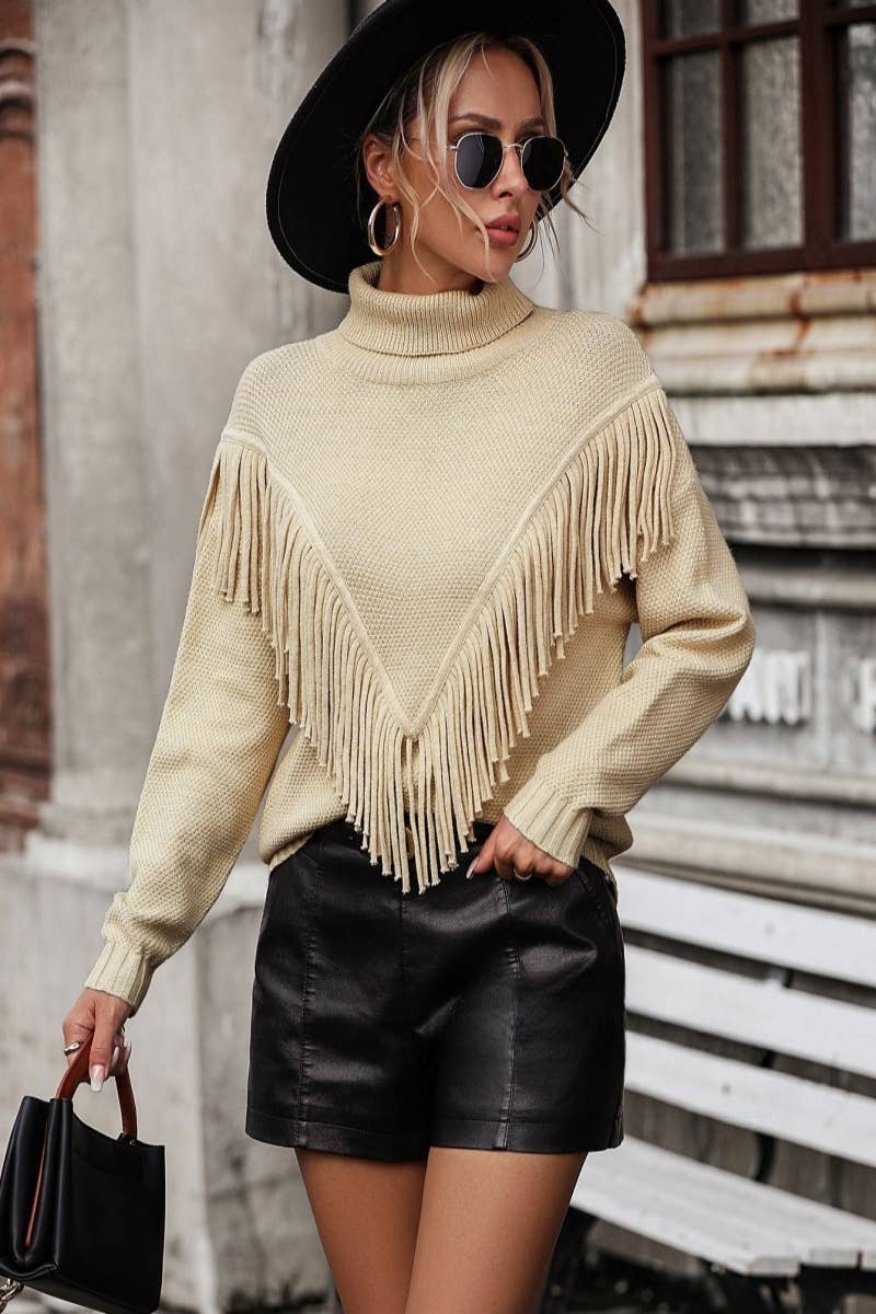 CWOSWL604 Turtle neck Fringe Tassel Pullover Sweater