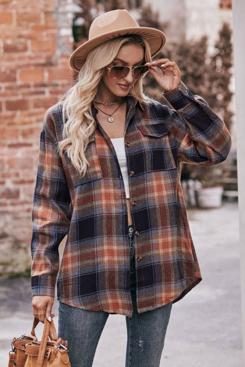 CWTSTL2188_AUTUMN WINTER POCKET PLAID LONG-SLEEVED SHIRT