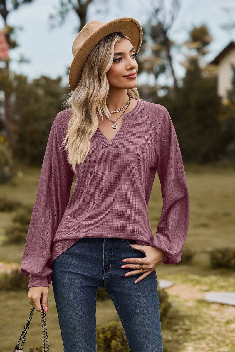 CWTBLL01313_V NECK WAFFLE KNIT SOLID LONG SLEEVE LOOSE TEE