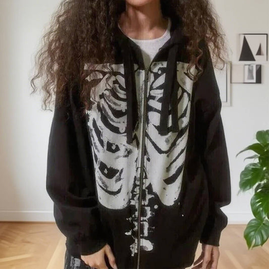 Fashionable punk-style zipper hooded sweatshirt