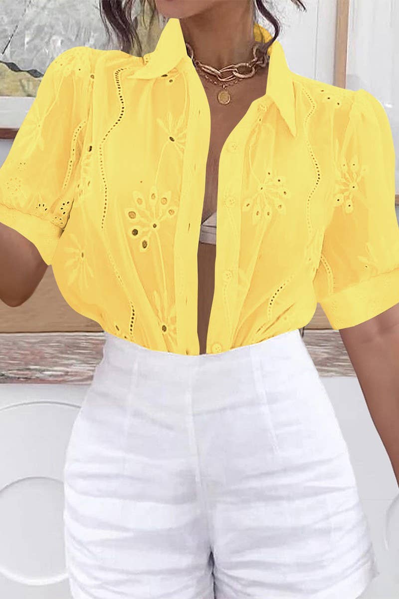 CWDSD8926_SUMMER HOT GIRL STYLE HOLLOW SHORT SLEEVE SHIRT