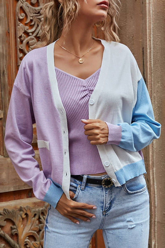 CWOCAL1972_V-NECK COLOR CONTRAST LONG SLEEVE KNIT CARDIGAN