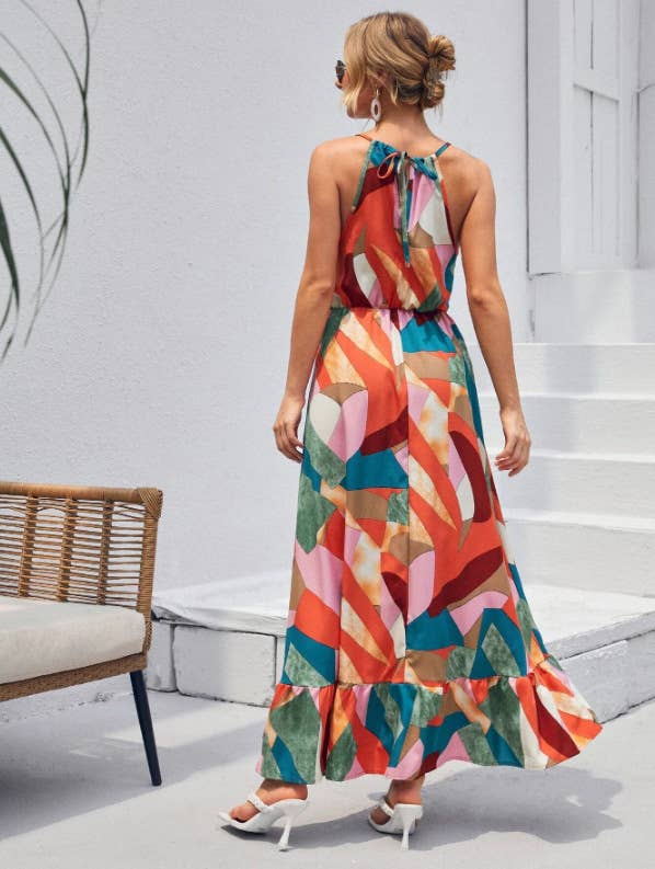 Big swing long, stylish printed halter dress
