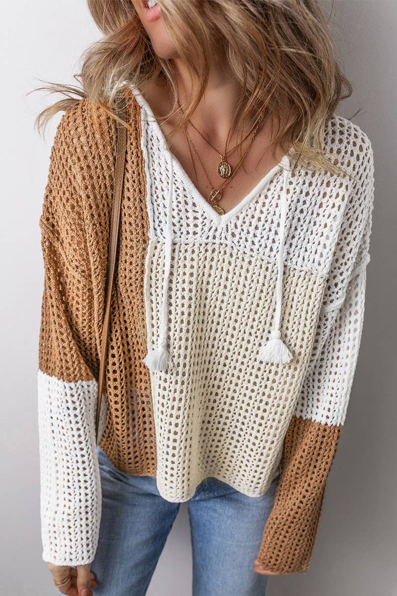 CWOSWL07429_V NECK COLORBLOCK HOLLOW OUT KNIT SWEATER