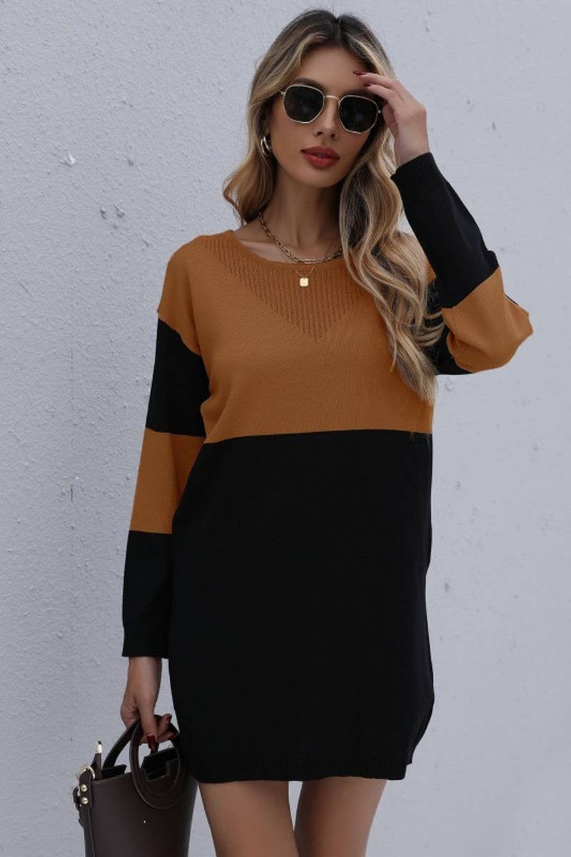 CWDSD7051_ROUND NECK LOOSE KNITTED PATCHWORK SWEATER DRESS