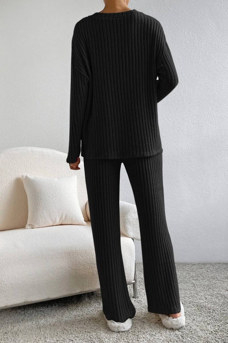 CWSTB00462_RIBBED KNIT V NECK TOP AND STRAIGHT PANTS SET