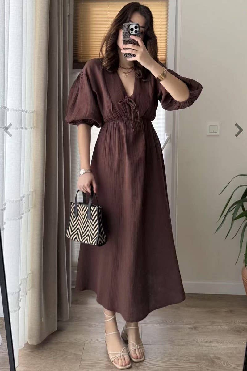 CWDMD5840_V-NECK PUFF SLEEVE SLIM FIT A-LINE DRESS
