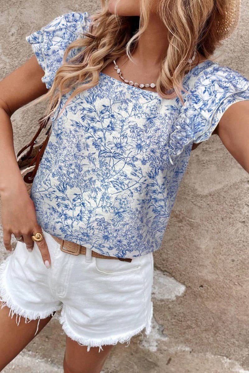 CWTBLS2268_PRINTED BOW BACK LAYERED RUFFLE SLEEVE SHIRT